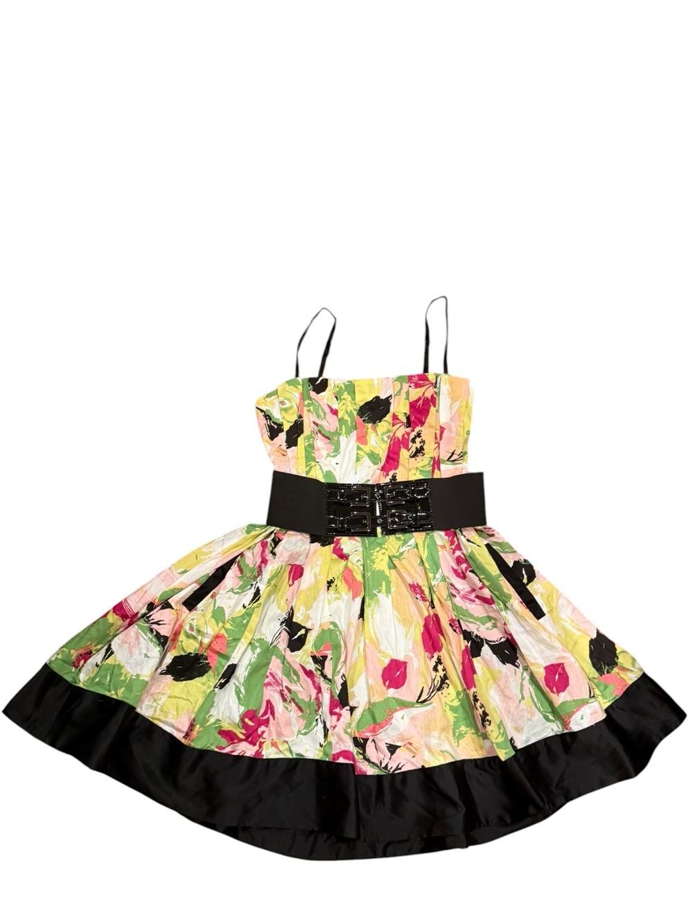 VINTAGE Bebe Silk and Cotton Floral Print Mini Dress with Black Belt - Size M